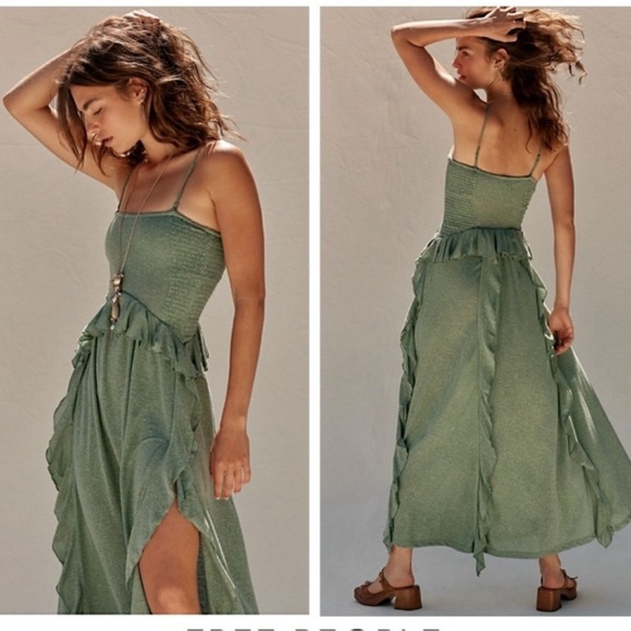 Free People Dresses & Skirts - FREE PEOPLE Myra Maxi Dress Green ruffled spaghetti strap details XS NWT